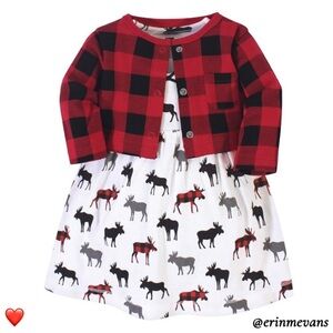 Hudson Baby Girl Dress Cardigan Set 9-12 Months Medium XL Buffalo Plaid Moose